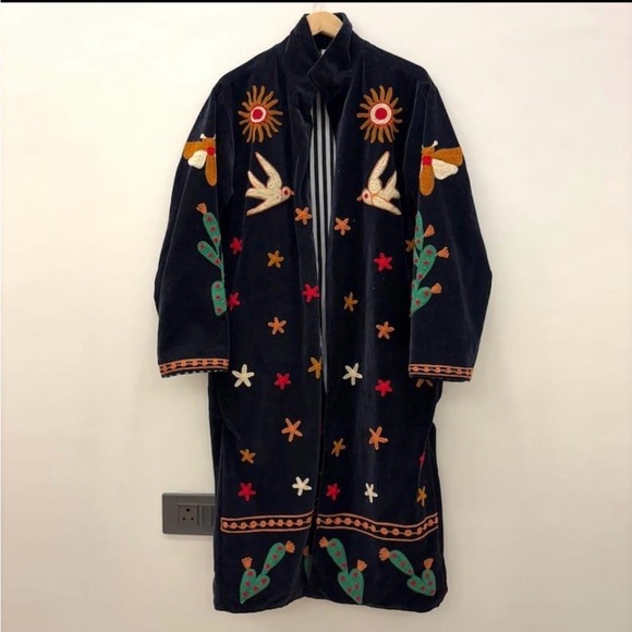 Bruno Magli Jackets & Blazers - Suzani Embroidered Black Velvet Long Coat with Colorful Motifs